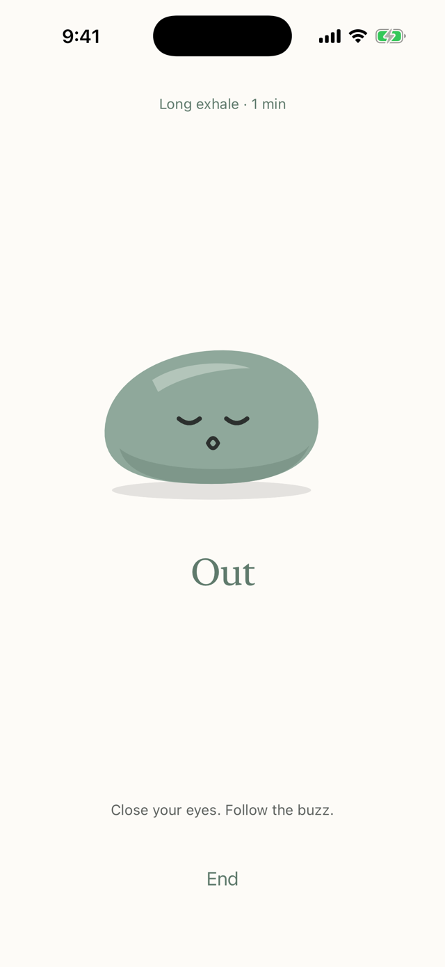 Calm Now in Humble Habits, mid-breath, with the word Out under the pebble