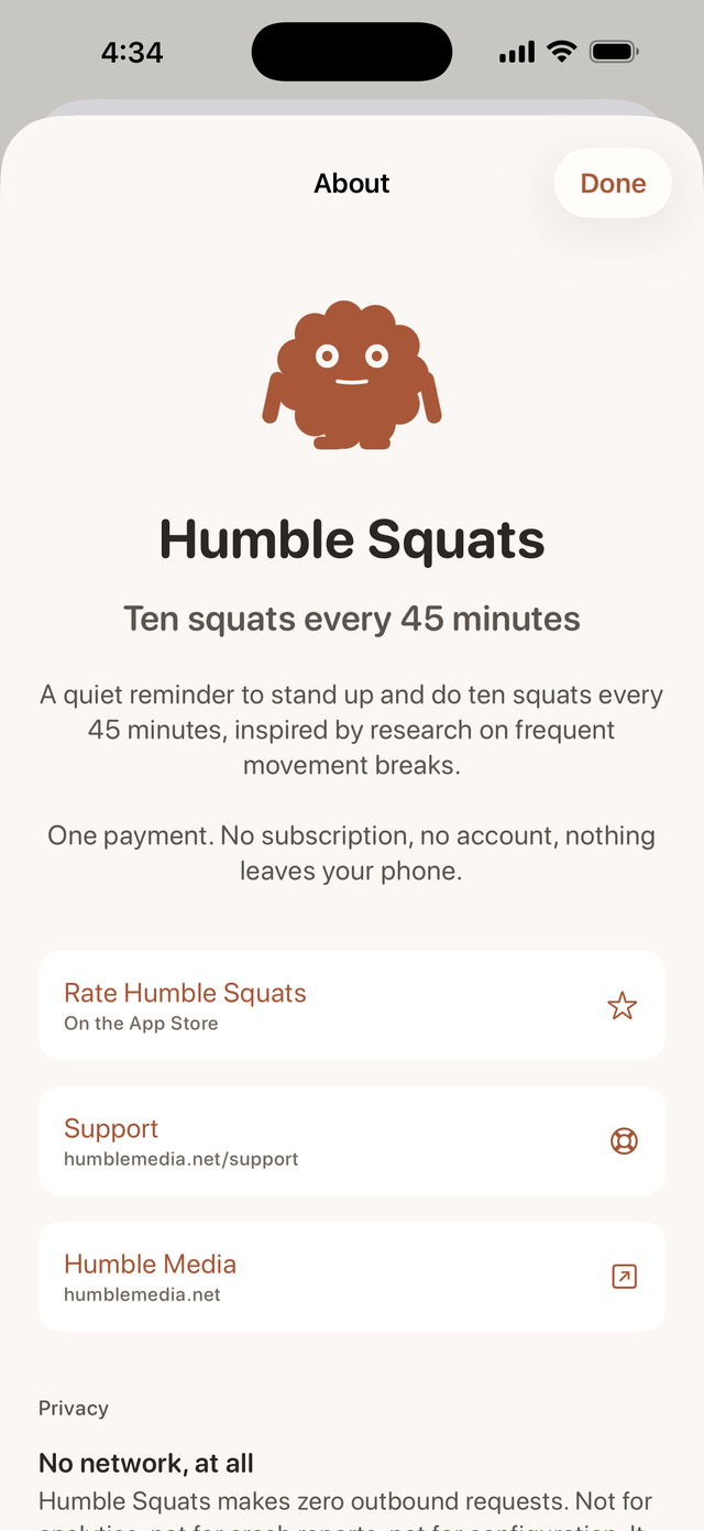The About screen in Humble Squats, describing what the app does with your data
