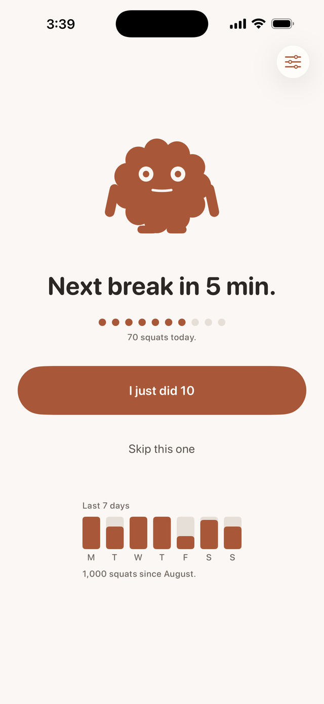 The Humble Squats main screen, showing when the next break is due